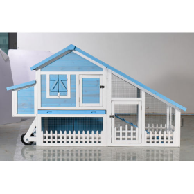 76 Wooden Rabbit Hutch Bunny Cage With Waterproof Asphalt Roof, Fun Outdoor Run, Removable Tray And Ramp, Light Blue