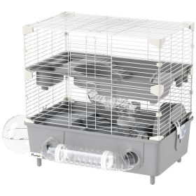 2-Tier Hamster Cage With Sand Bathroom, Running Wheel, Water Bottle, Tubes, Accessories, For Hamster, Gray