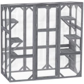 Large Wooden Catio Outdoor With 6 Jumping Platforms, Weatherproof Roof, For 1-3 Cats, 59 X 28 X 60, Gray
